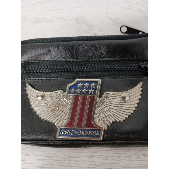 Vintage Harley Davidson Motorcycles Mens Wallet Black Leather Logo Zippered - Picture 2 of 7